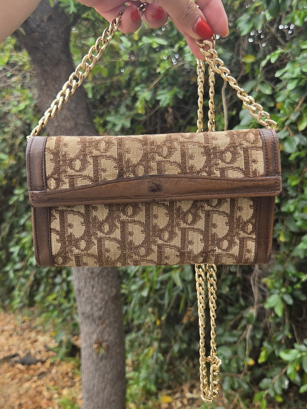 Dior Vintage Beige & Brown Monogram Trifold Wallet with Gold Chain